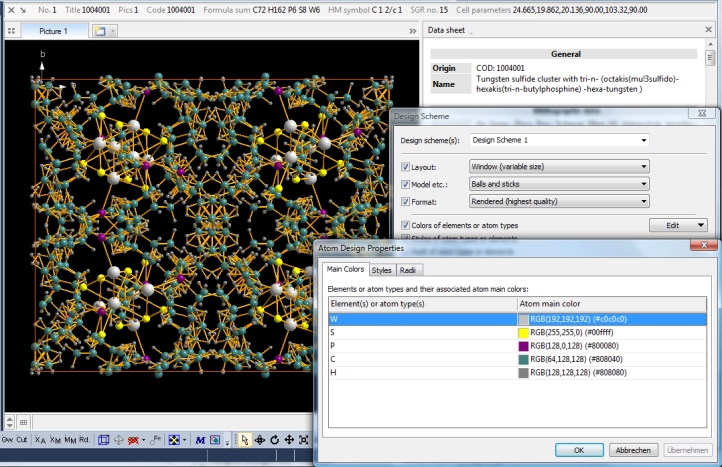 Screenshot of COD:1004001 with Design Scheme settings dialog and table of atom main colors