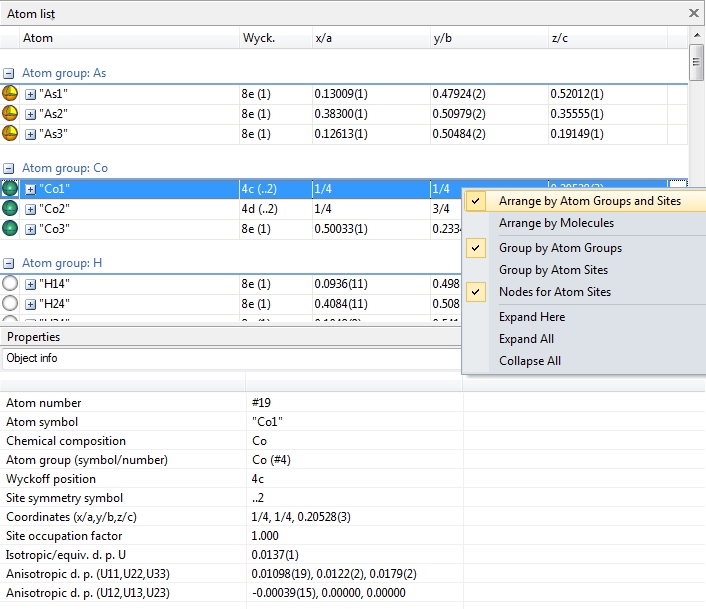 Screenshot of COD:1500005 with Atom list arranged by atom groups and their sites and Properties of "Co1"