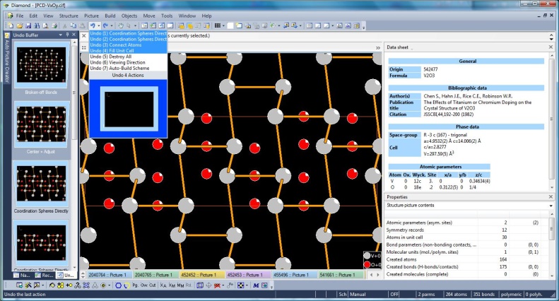 Screenshot with Undo/Redo docking window and Undo drop-down list open, V2O3 from Pearson's Crystal Data (#542477)