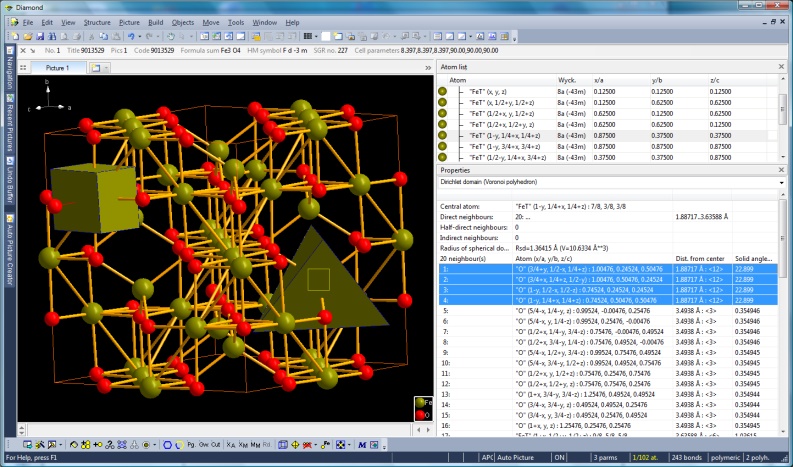 Screenshot with Voronoi polyhedra and Dirichlet domain of tetrahedrally coordinated iron in magnetite (COD:9013529) in Properties view