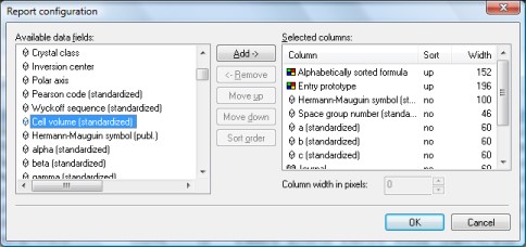 Dialog to change entry report configuration