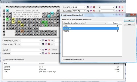 Available crystal systems for "Sn+2" and "O(50..70%)" already selected. Click to enlarge.