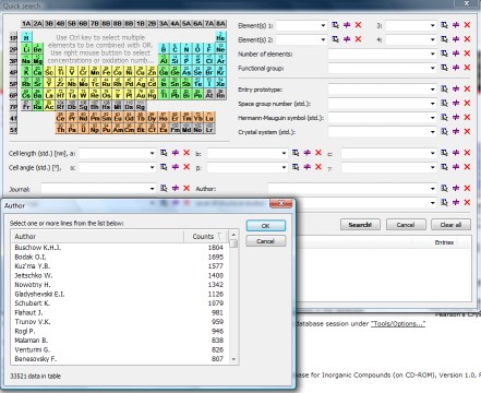 Quick search dialog with list of authors. Click to enlarge.
