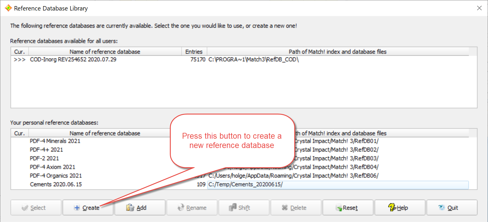 Press this button to create a new reference database.